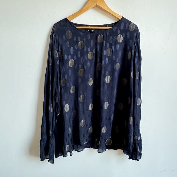 ANTHROPOLOGIE RDALAMAL Navy Metallic Polka Dot Bell-Sleeve Blouse - Picture 1 of 7